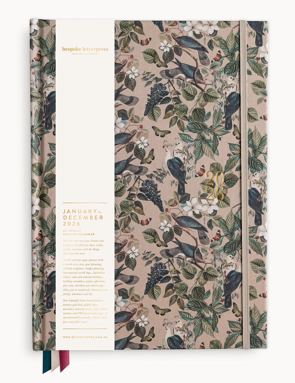 Bespoke Letterpress 2026 Desktop A4 Linen Bound Planner - Botanical Grove