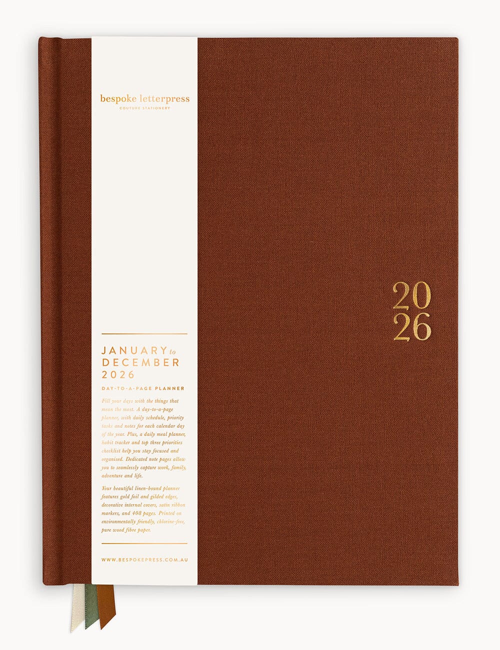 Bespoke Letterpress 2026 Day to a Page Large Linen Bound Planner - Bronze